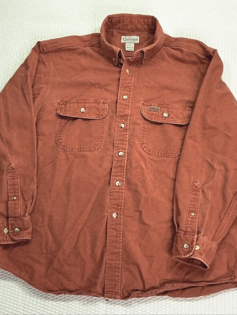 Vintage Carhartt Men's Rust Orange Long-Sleeve Button-Down Work Shirt
